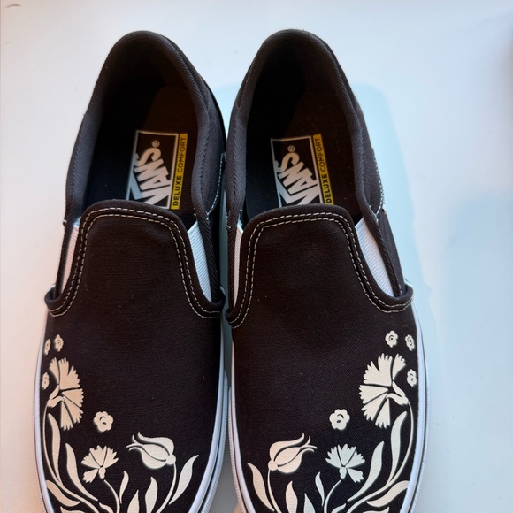 Vans Black Slip-Ons with White Floral Pattern